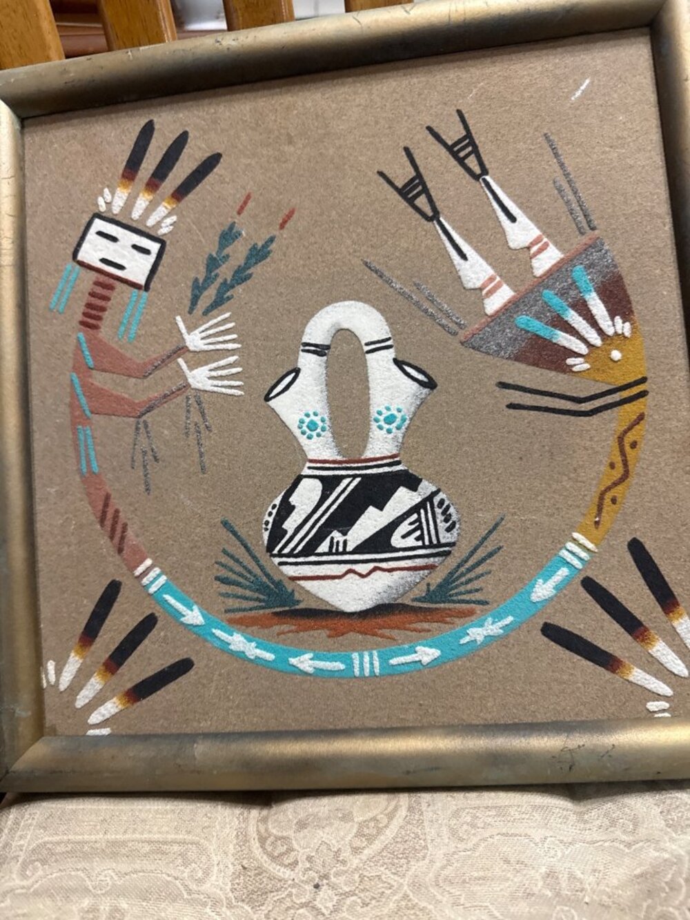 authentic handcrafted Navajo sand painting (iikááh), traditional Southwestern mo